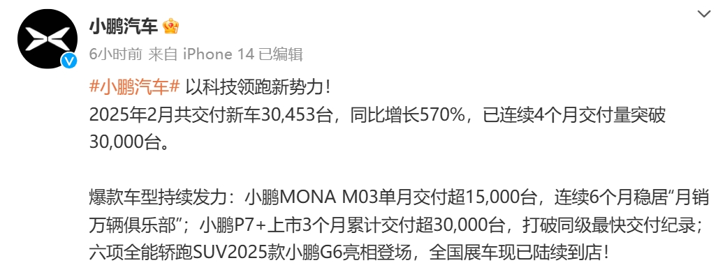 “蔚小理	”2月成绩单出炉：蔚来同比增长62.2%，乐道交付4049台，小鹏再破3万台！小米	、零跑也公布了